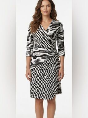 Chico’s Stripe Print Surplice Wrap Neck Black White Sheath Dress